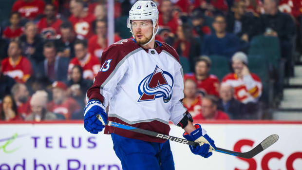 Avalanche forward Valeri Nichushkin looks on during a game.